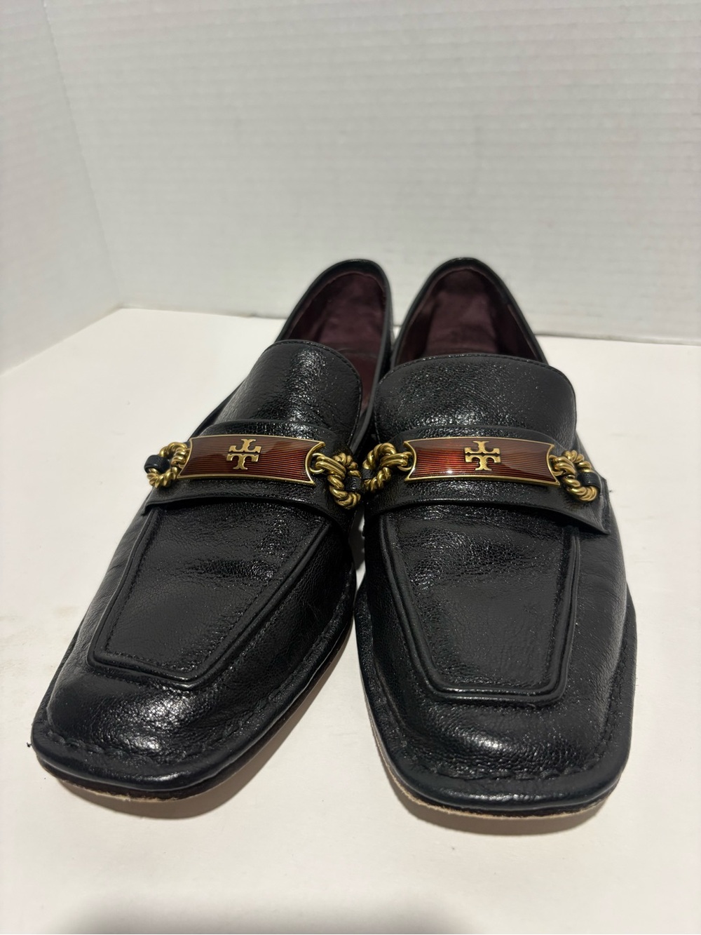 Tory Burch Black Leather Loafers with Gold and Brown Hardware